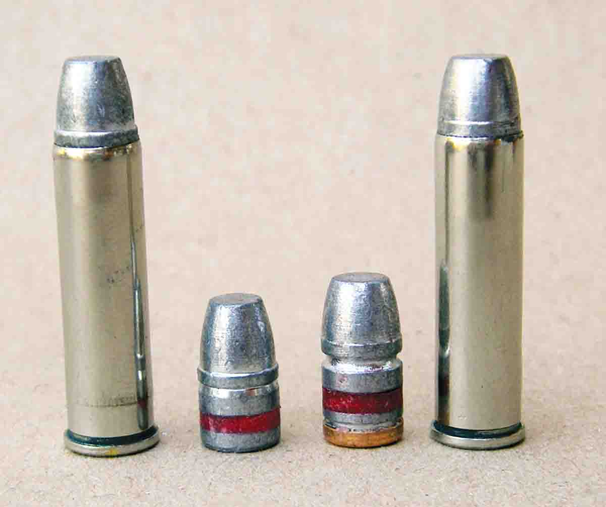 Cast plain-base bullets can be very accurate for light target and midrange loads. For high-velocity loads, bullets featuring a gas check are  generally preferred as they prevent barrel leading and can be pushed to velocities of 1,500 fps or beyond.